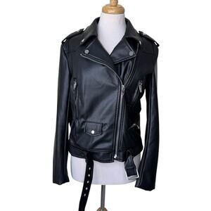 GREY LAB Faux Leather Biker Jacket Black Silver Hardware Size SMALL
